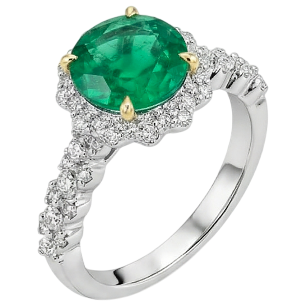 Edler Smaragd Rund-Brillant Farbstein-Ring in Bicolor 14K Gold – Seitenansicht