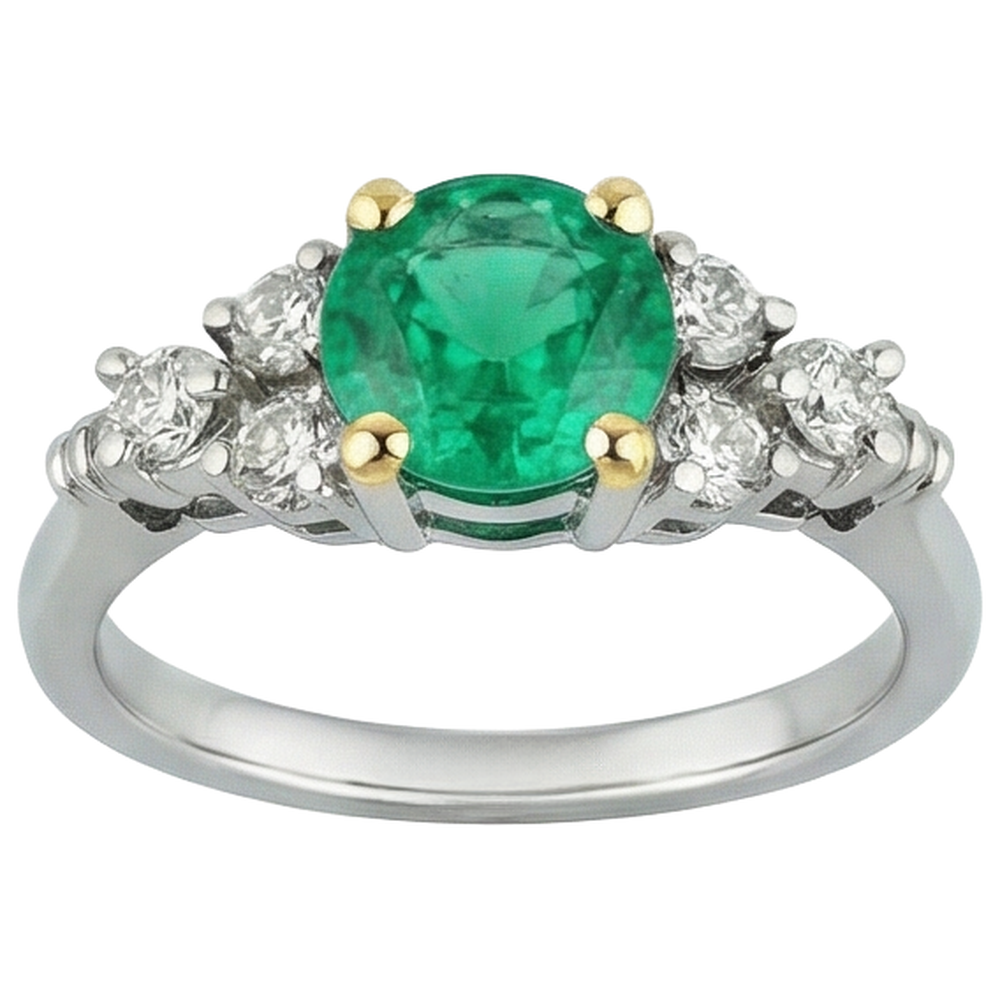 Rund-Brillant Edler Smaragd Ring in 14 Karat Zweifarbig Gold – Schrägansicht