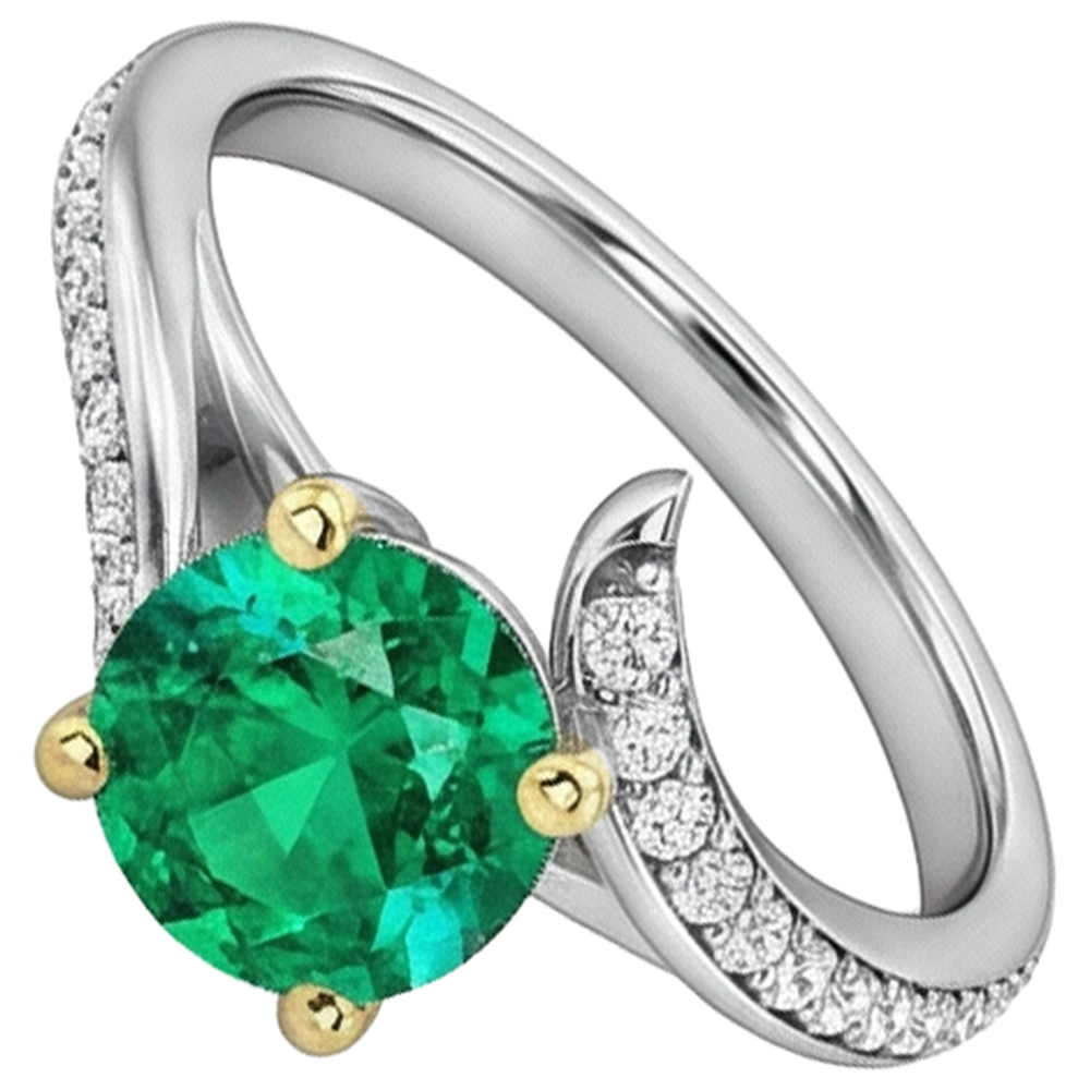 Smaragd Rund-Brillant Schmuckstein-Ring in 14 Karat Zweifarbig Gold – Schrägansicht