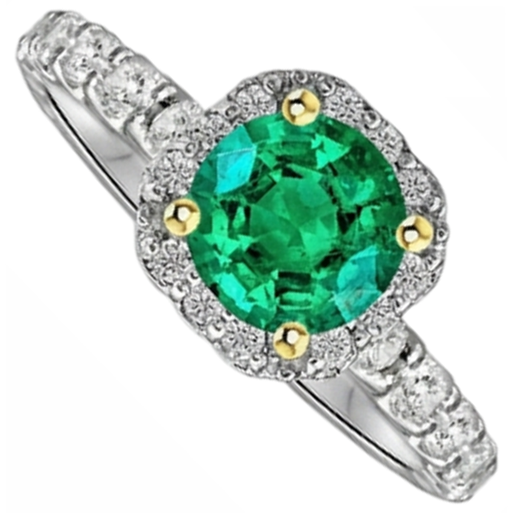 Smaragd Rund-Brillant Edelstein-Ring in Bicolor 14K Gold – Frontansicht