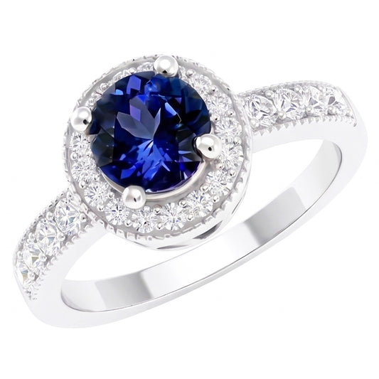 Runder Ceylon Saphir Halo Diamant Ring Weißgold Schmuck 1.5 Kt.