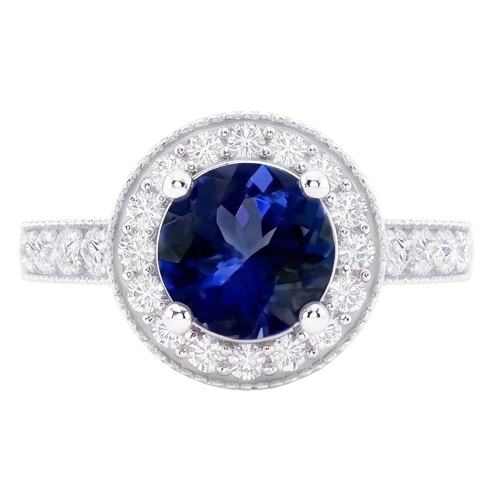 Runder Ceylon Saphir Halo Diamant Ring Weißgold Schmuck 1.5 Kt.