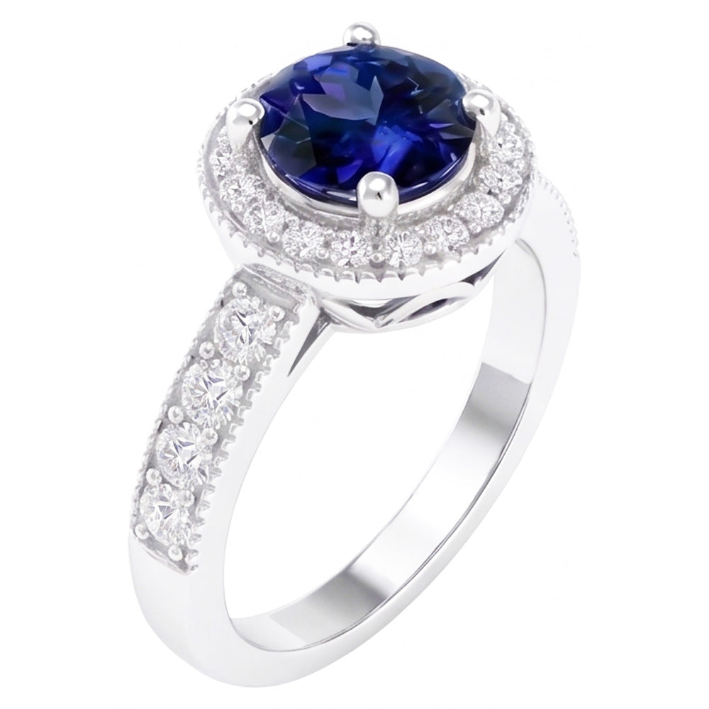 Runder Ceylon Saphir Halo Diamant Ring Weißgold Schmuck 1.5 Kt.