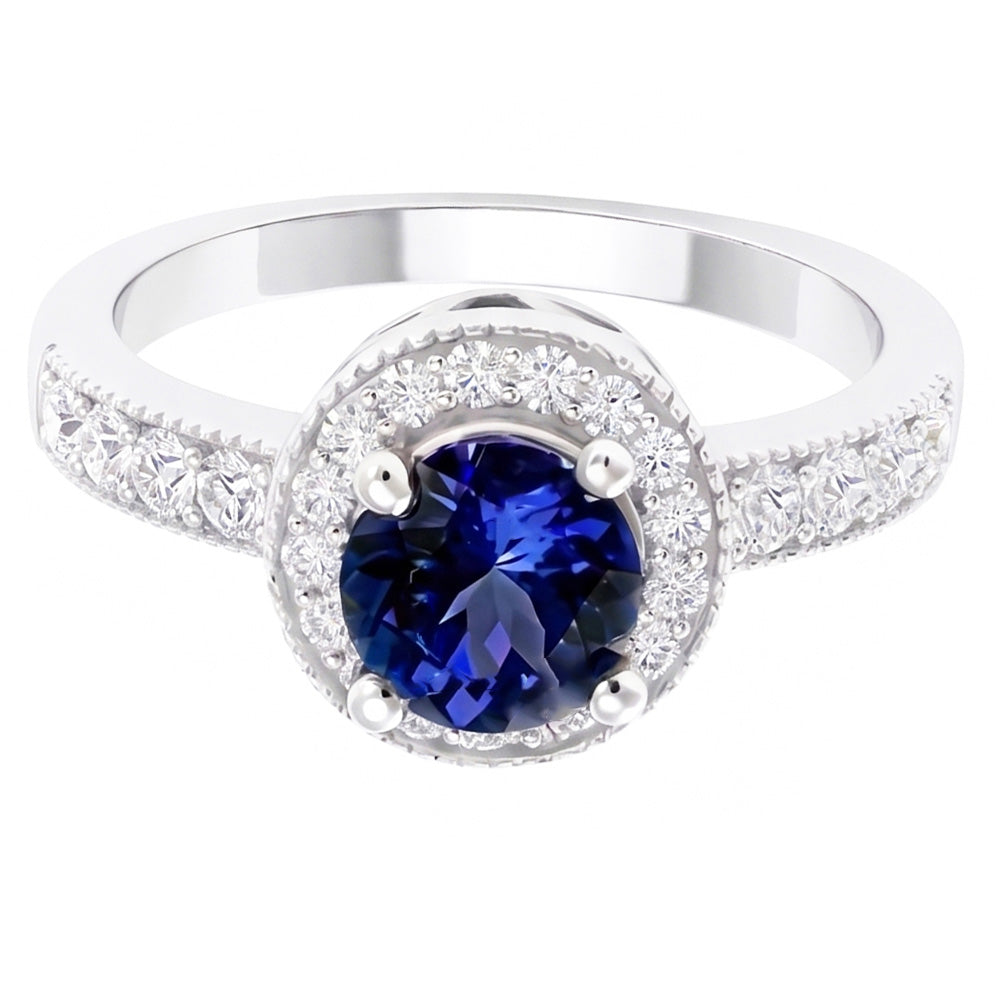 Runder Ceylon Saphir Halo Diamant Ring Weißgold Schmuck 1.5 Kt.