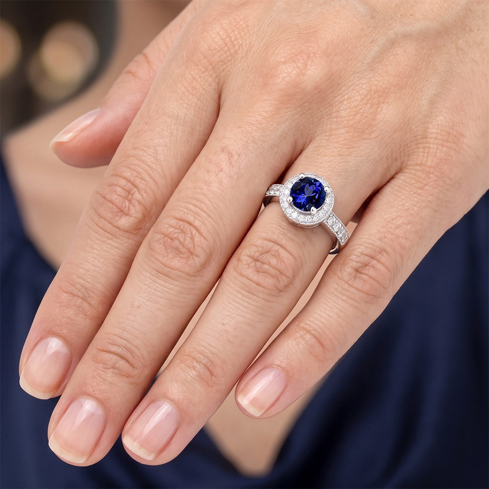 Runder Ceylon Saphir Halo Diamant Ring Weißgold Schmuck 1.5 Kt.