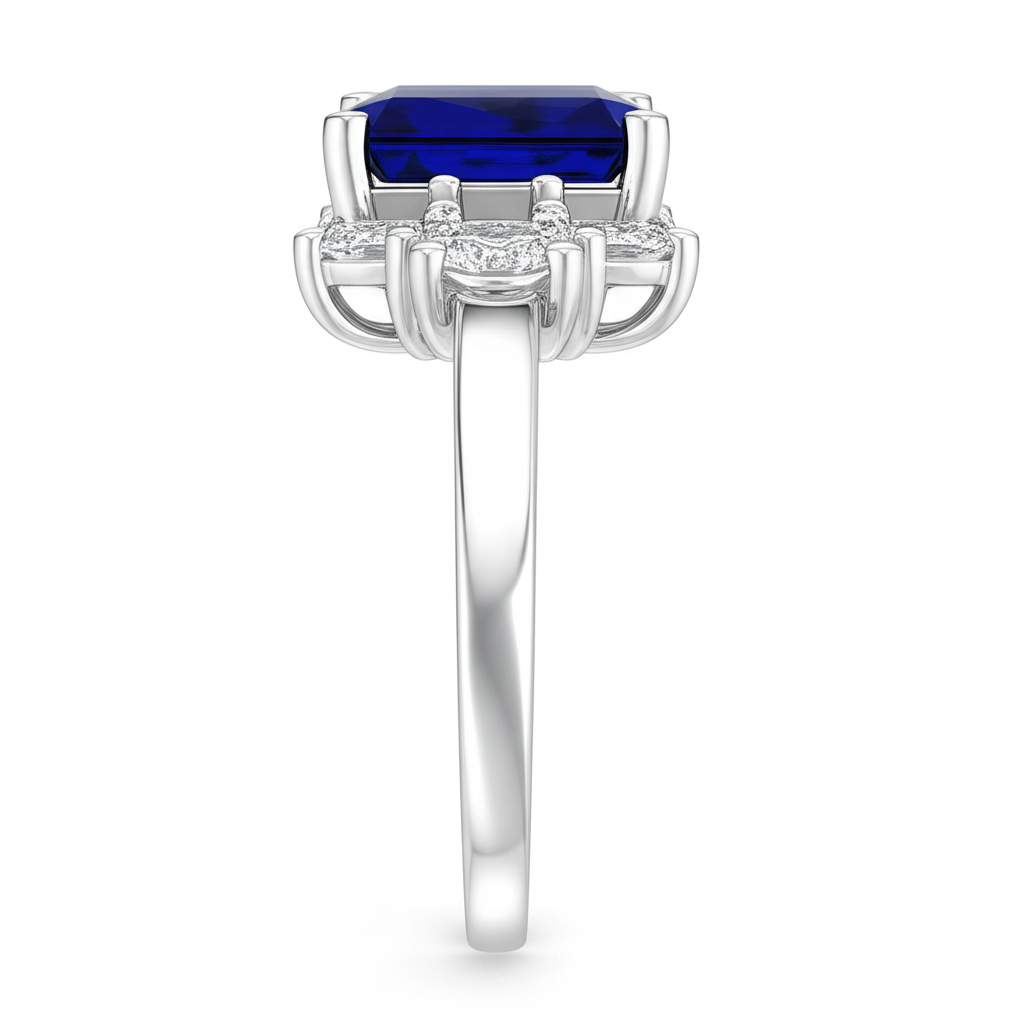 Runder Diamantring mit 3 Steinen und Smaragd-Ceylon-Saphir 4,50 Karat