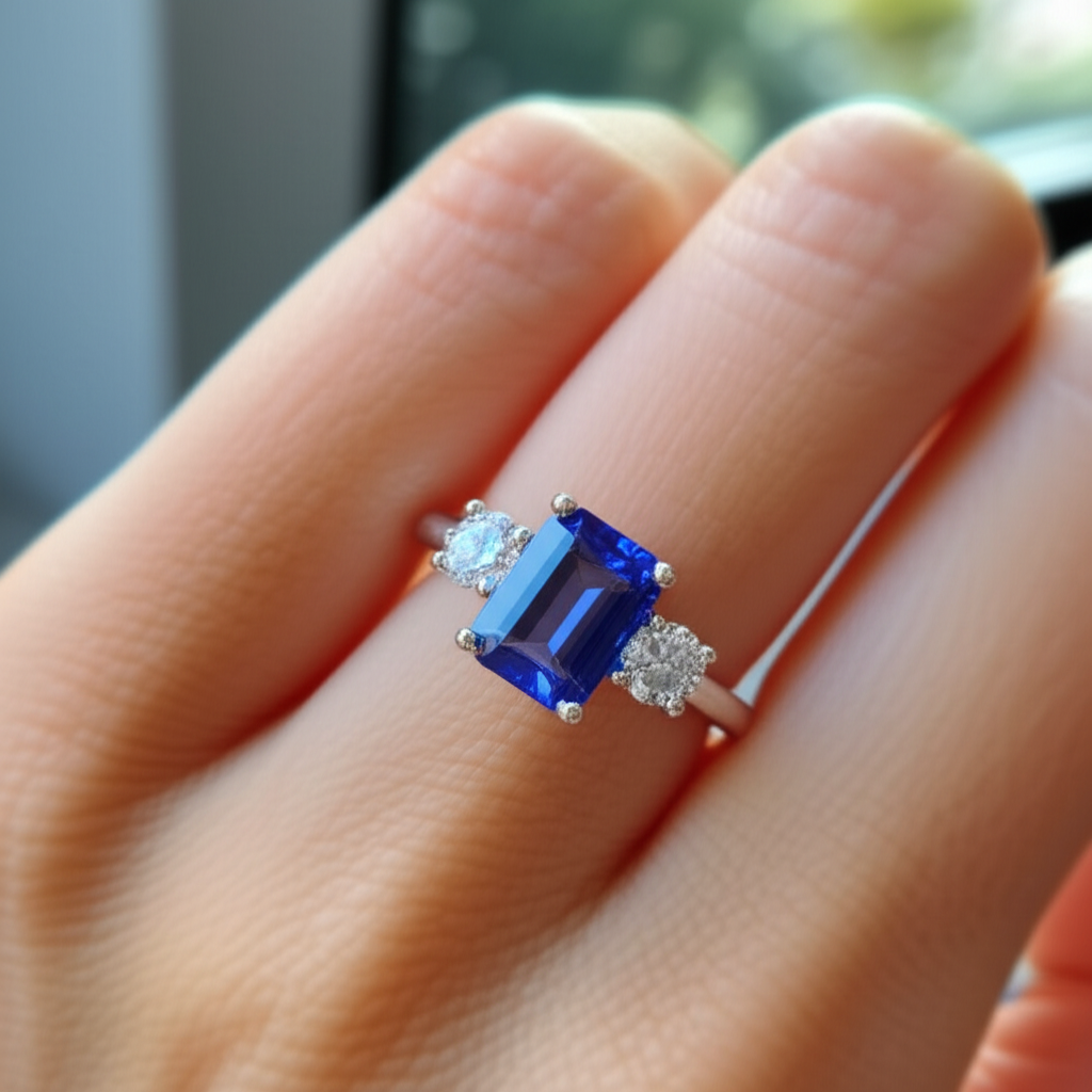 Runder Diamantring mit 3 Steinen und Smaragd-Ceylon-Saphir 4,50 Karat