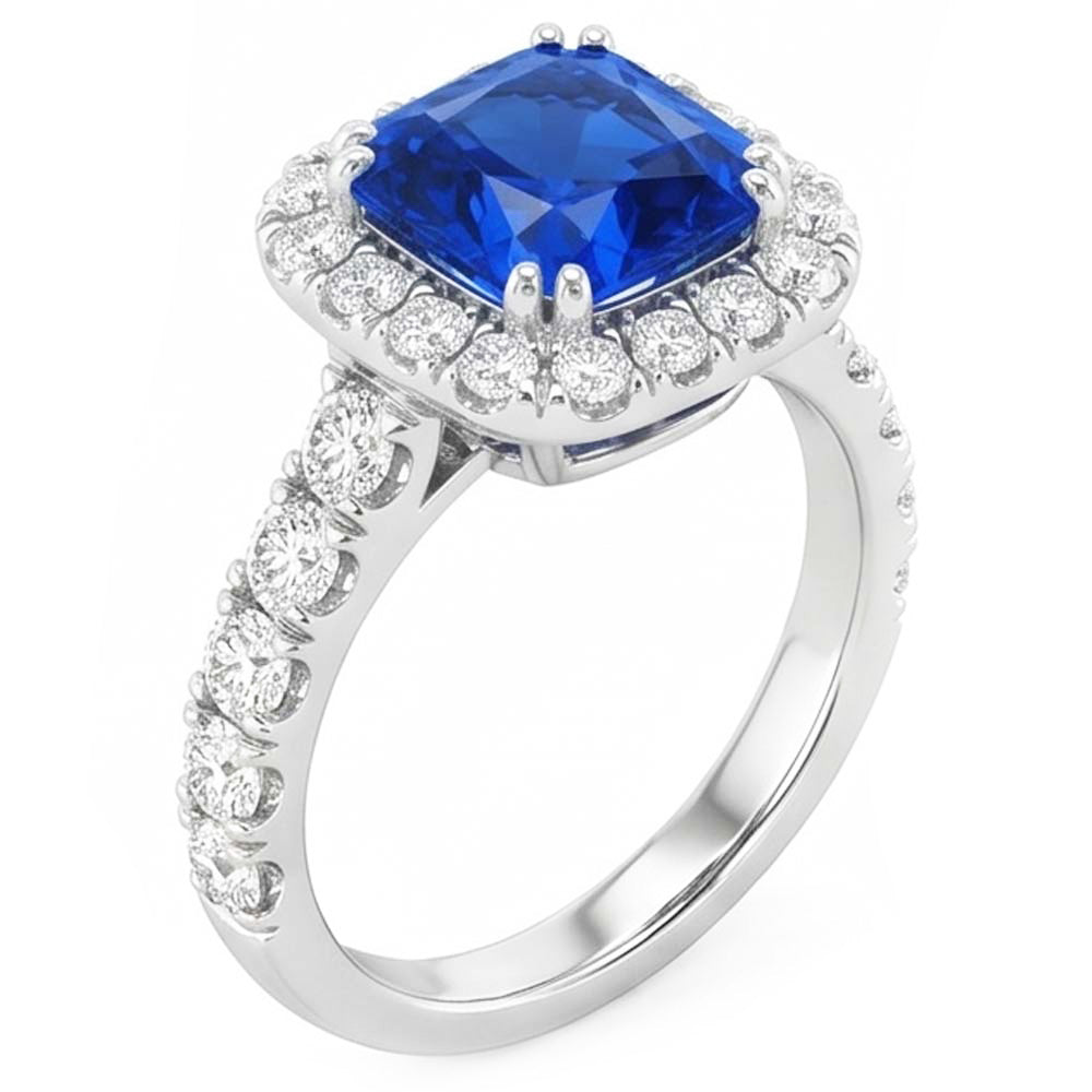 Runder Natürlicher Diamant ( nicht im Labor gezüchtet ) Halo Radiant Blue Saphir 4 Karat Weißgold 14K
