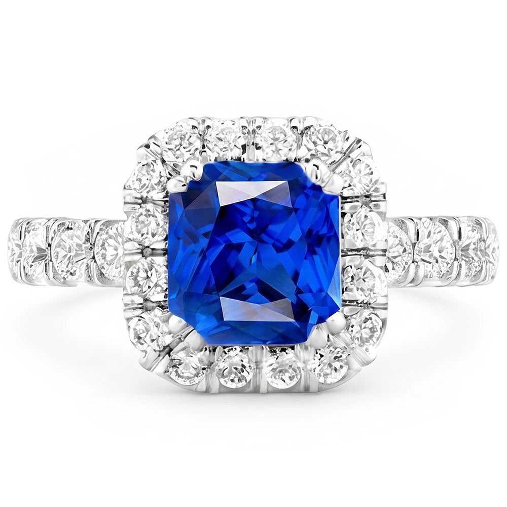 Runder Natürlicher Diamant ( nicht im Labor gezüchtet ) Halo Radiant Blue Saphir 4 Karat Weißgold 14K