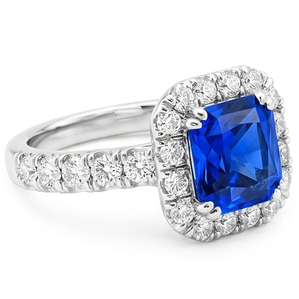 Runder Natürlicher Diamant ( nicht im Labor gezüchtet ) Halo Radiant Blue Saphir 4 Karat Weißgold 14K