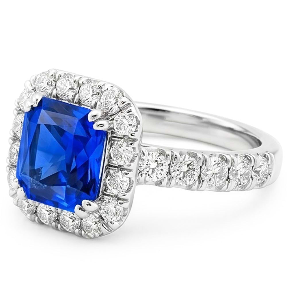 Runder Natürlicher Diamant ( nicht im Labor gezüchtet ) Halo Radiant Blue Saphir 4 Karat Weißgold 14K