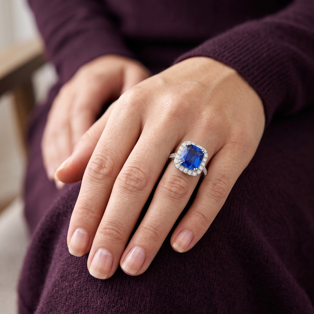 Runder Natürlicher Diamant ( nicht im Labor gezüchtet ) Halo Radiant Blue Saphir 4 Karat Weißgold 14K