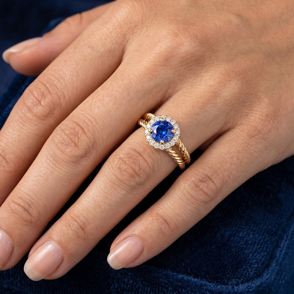 Runder Saphir-Diamant-Fancy-Ring 2 Karat Gelbgold 14K