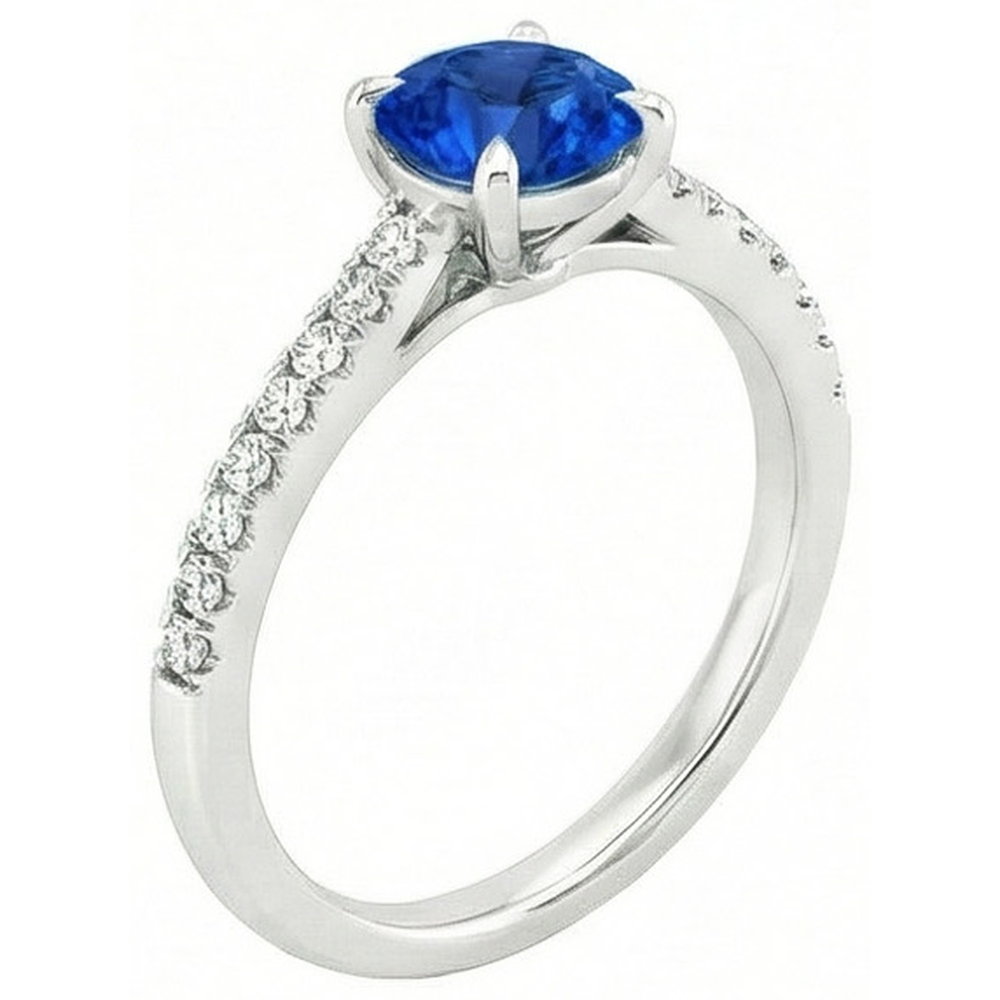 Runder Sri Lanka Saphir Ring Diamant Schmuck Weiß Gold 14K