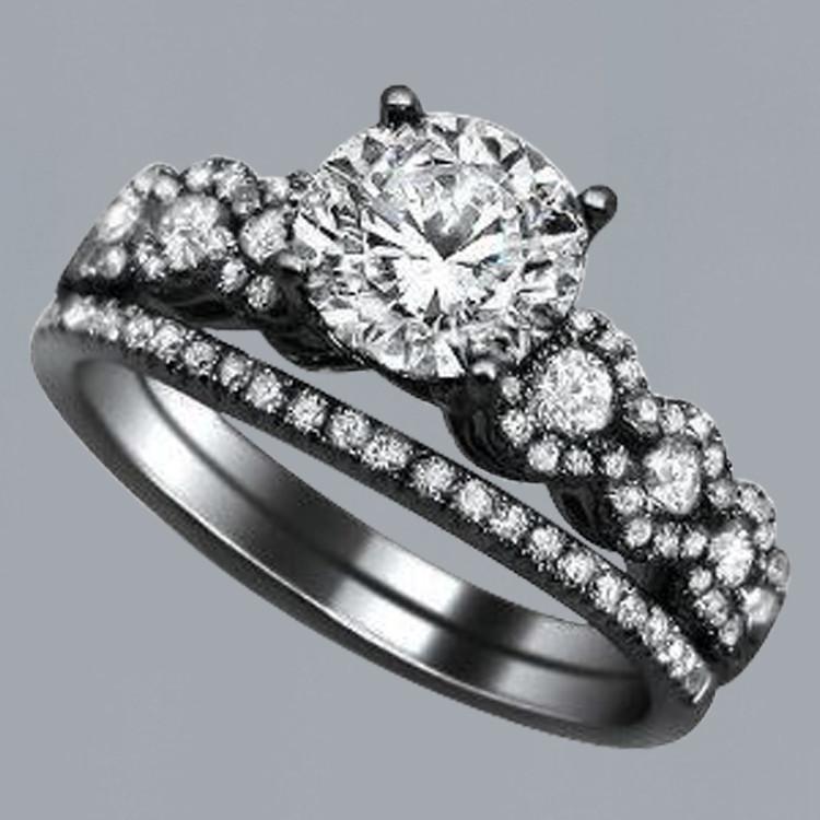 Runder Echt Diamant-Verlobungsring & Band-Set 2,60 Karat Schwarzgold 14K