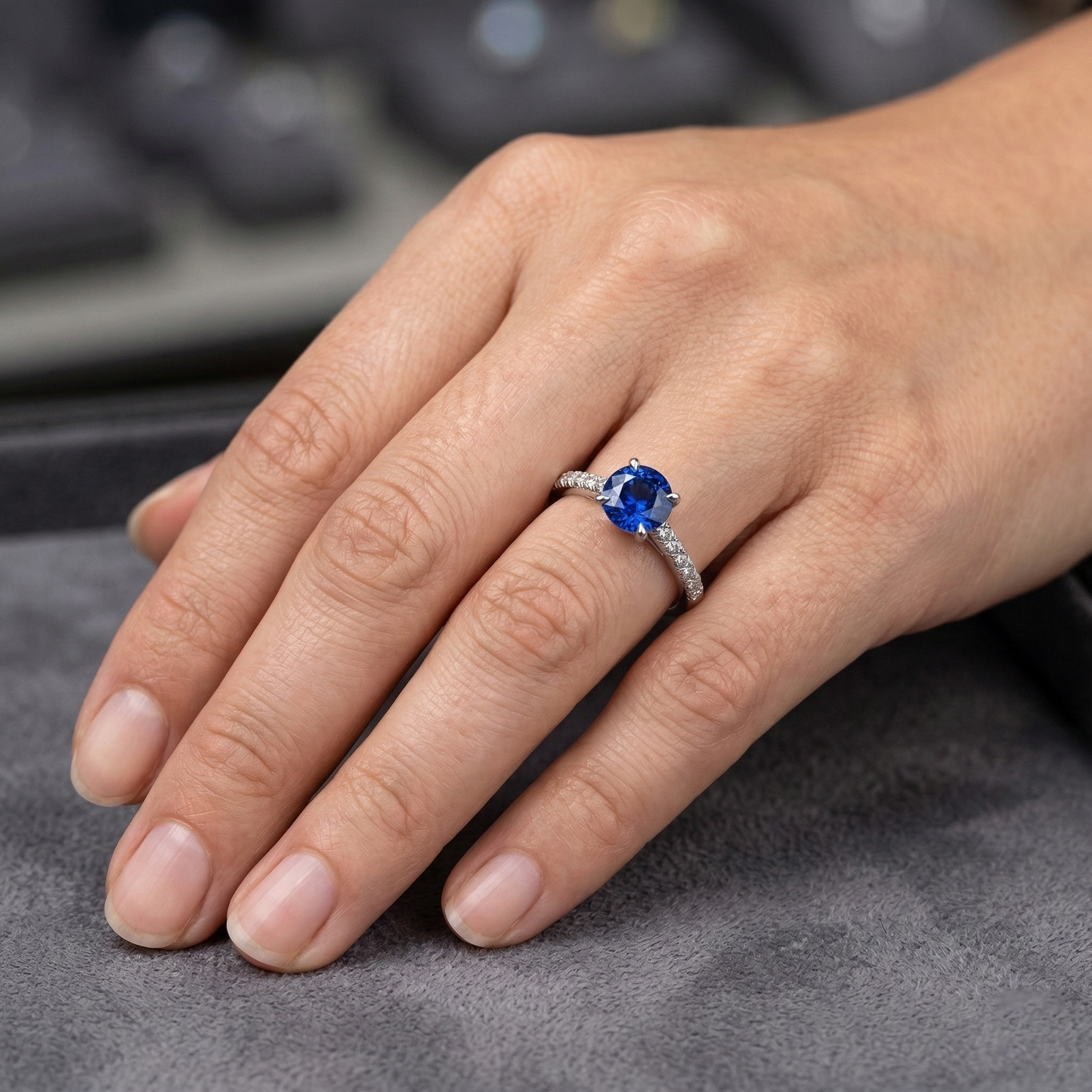 Runder Sri Lanka Saphir Ring Diamant Schmuck Weiß Gold 14K