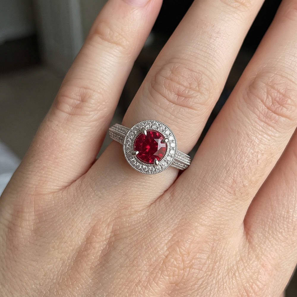 Rundschliff Roter Saphir Diamant Ring Weißgold Schmuck 1,5 Karat