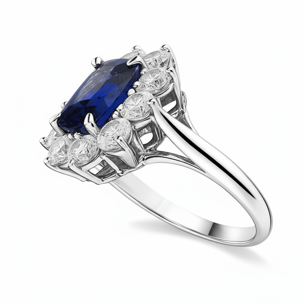 Saphir im Kissenschliff mit Diamanten 3.50 ct Jubiläumsring Weiß