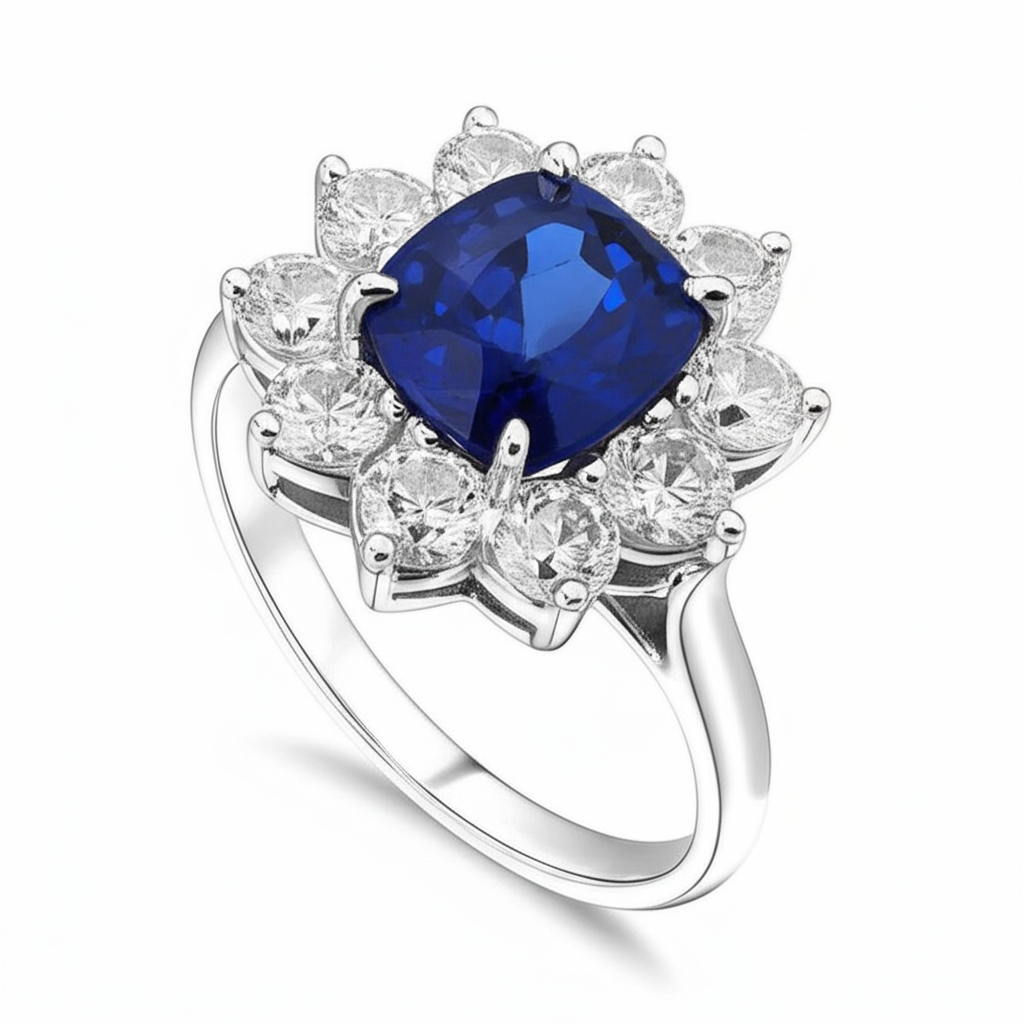 Saphir im Kissenschliff mit Diamanten 3.50 ct Jubiläumsring Weiß