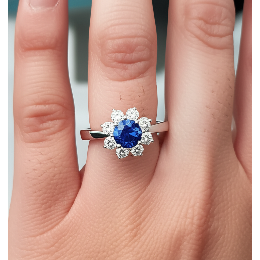 echter round saphir 2.45Karat ring auf Weiß