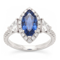 Saphir-Verlobungsring 3 Karat Echter Blauer Marquise Halo Dreistein Platin