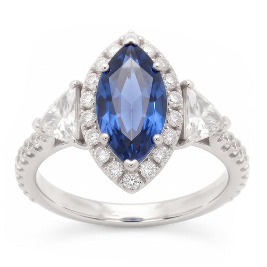 Saphir-Verlobungsring 3 Karat Echter Blauer Marquise Halo Dreistein Platin