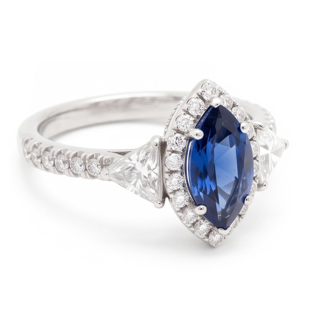 Saphir-Verlobungsring 3 Karat Echter Blauer Marquise Halo Dreistein Platin