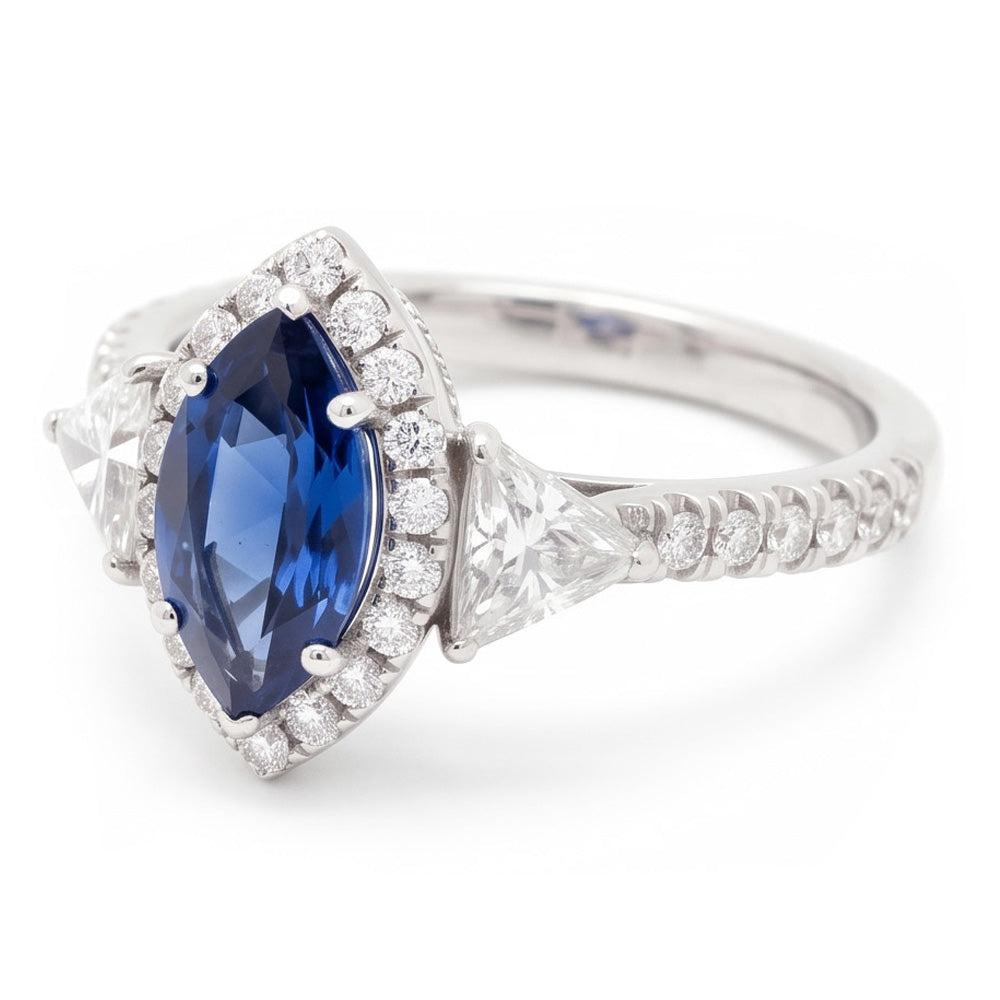 Saphir-Verlobungsring 3 Karat Echter Blauer Marquise Halo Dreistein Platin