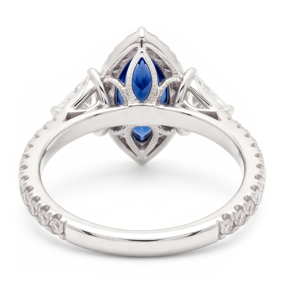 Saphir-Verlobungsring 3 Karat Echter Blauer Marquise Halo Dreistein Platin