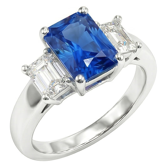 Smaragd 3 Stein Natürlicher Diamant ( nicht im Labor gezüchtet ) Edelstein Ring 3 Karat Hellblauer Saphir