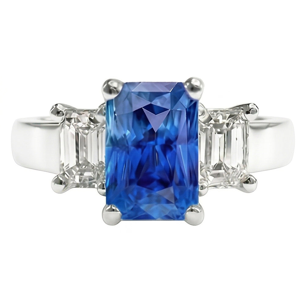 Smaragd 3 Stein Natürlicher Diamant ( nicht im Labor gezüchtet ) Edelstein Ring 3 Karat Hellblauer Saphir