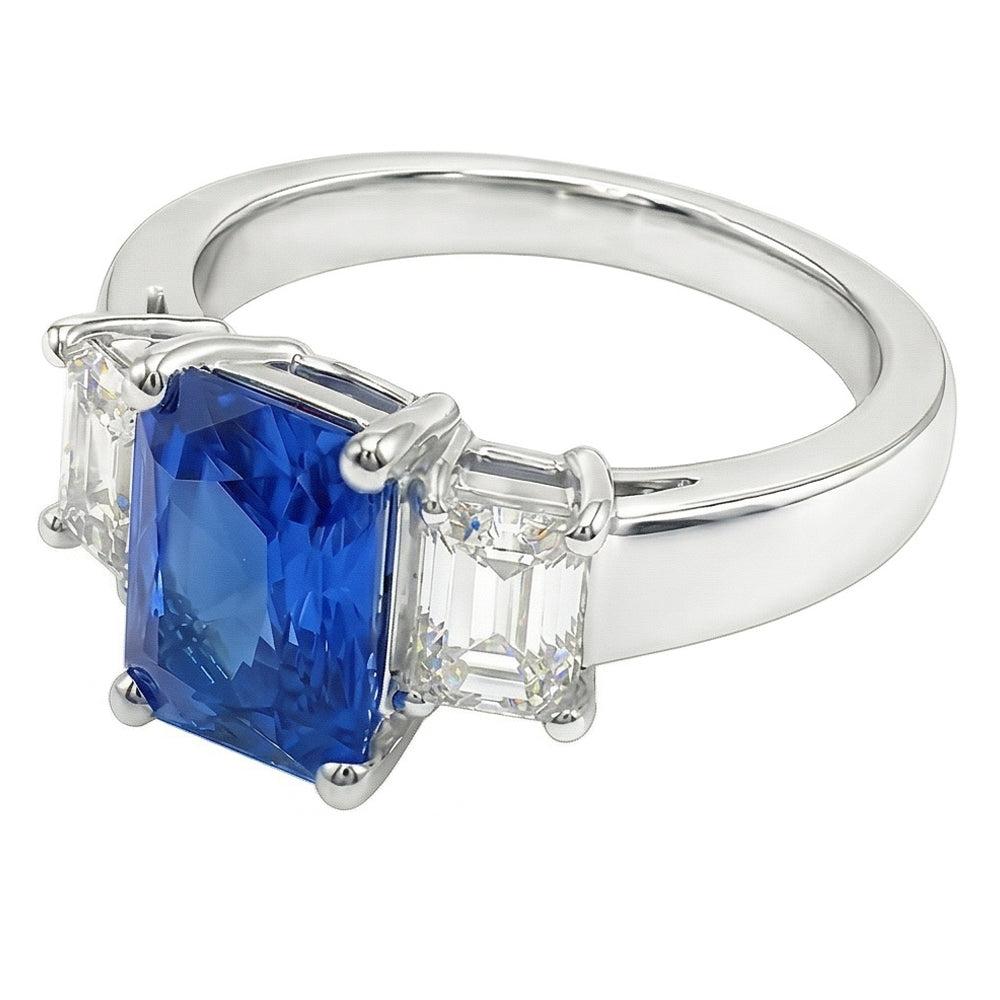 Smaragd 3 Stein Natürlicher Diamant ( nicht im Labor gezüchtet ) Edelstein Ring 3 Karat Hellblauer Saphir