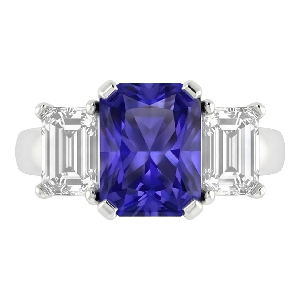 Smaragd Natürlicher Diamant ( nicht im Labor gezüchtet ) 3 Stein Ring 2 Karat Blauer Saphir Radiant Cut Gold