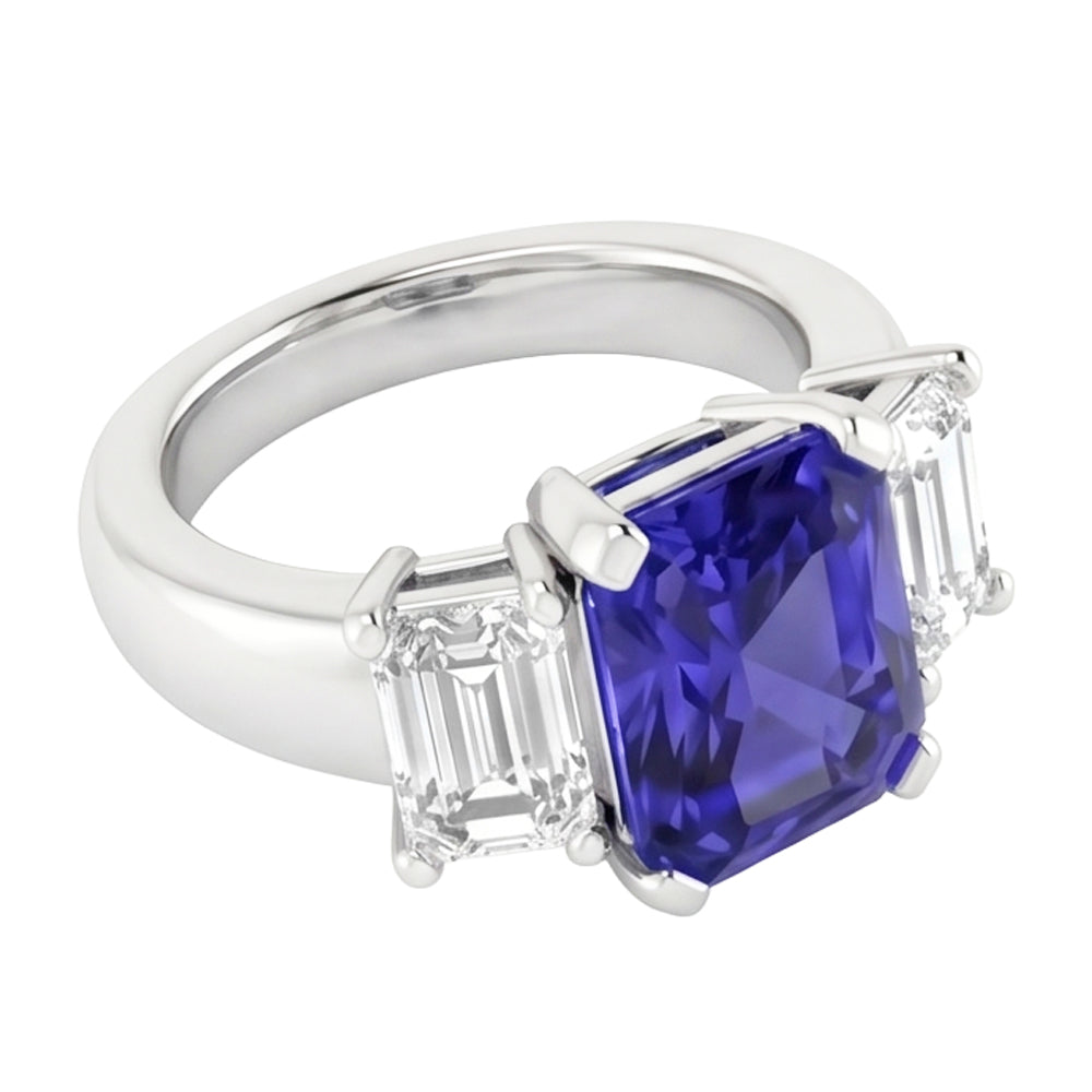 Smaragd Natürlicher Diamant ( nicht im Labor gezüchtet ) 3 Stein Ring 2 Karat Blauer Saphir Radiant Cut Gold