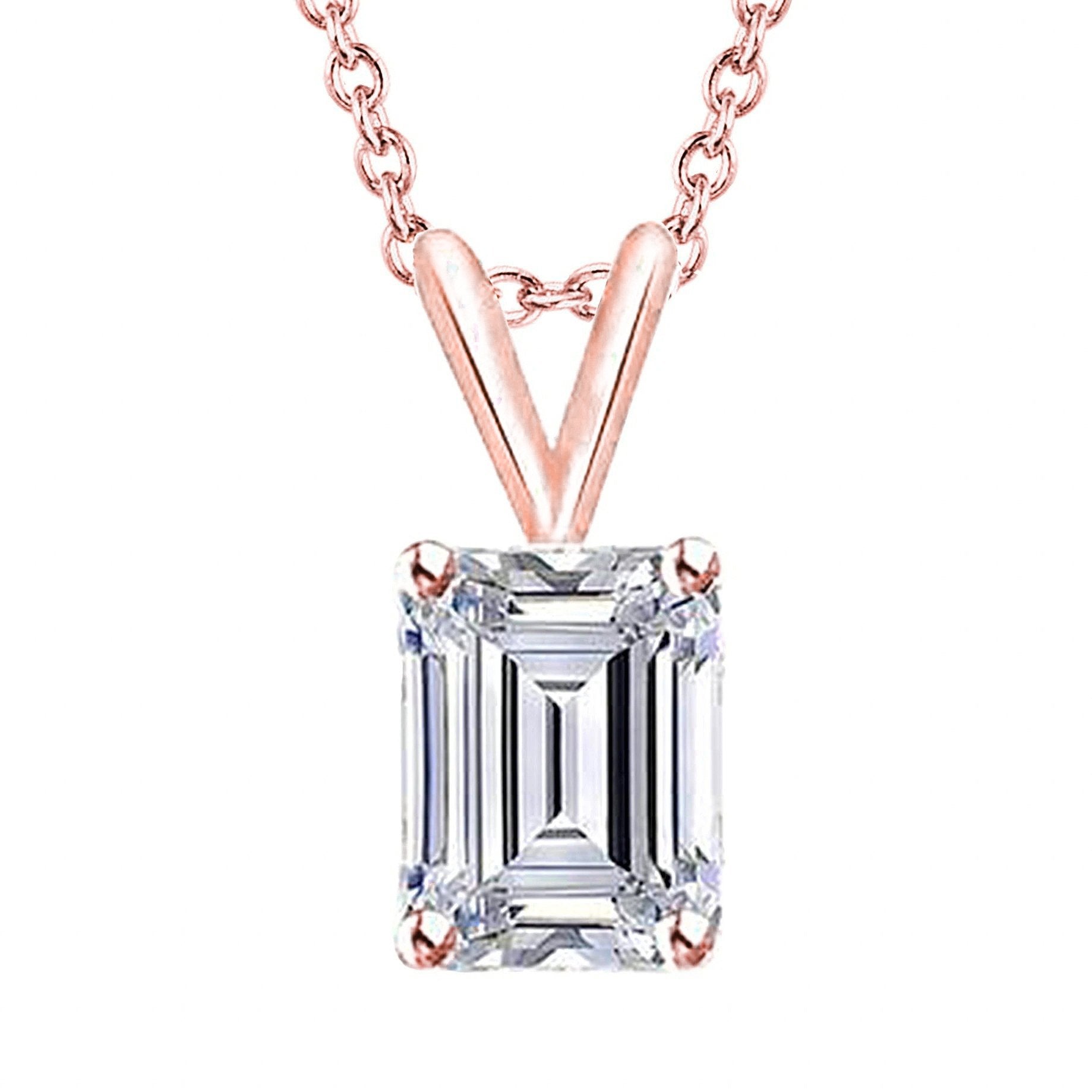 Smaragdschliff Solitär-Echt Diamant-Anhänger-Halskette 1.50 Ct. Roségold 14K