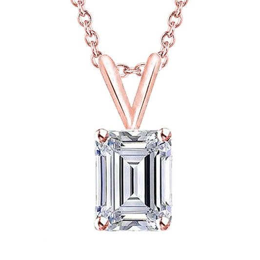 Smaragdschliff Solitär-Echt Diamant-Anhänger-Halskette 1.50 Ct. Roségold 14K