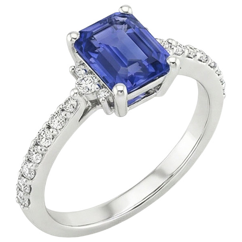 Solitaire Akzente Ring Blauer Saphir & Diamant 4 Karat Smaragdschliff