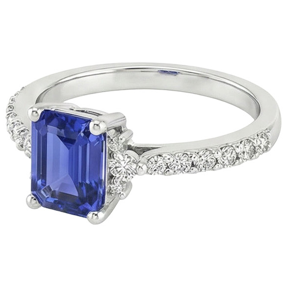 Solitaire Akzente Ring Blauer Saphir & Diamant 4 Karat Smaragdschliff