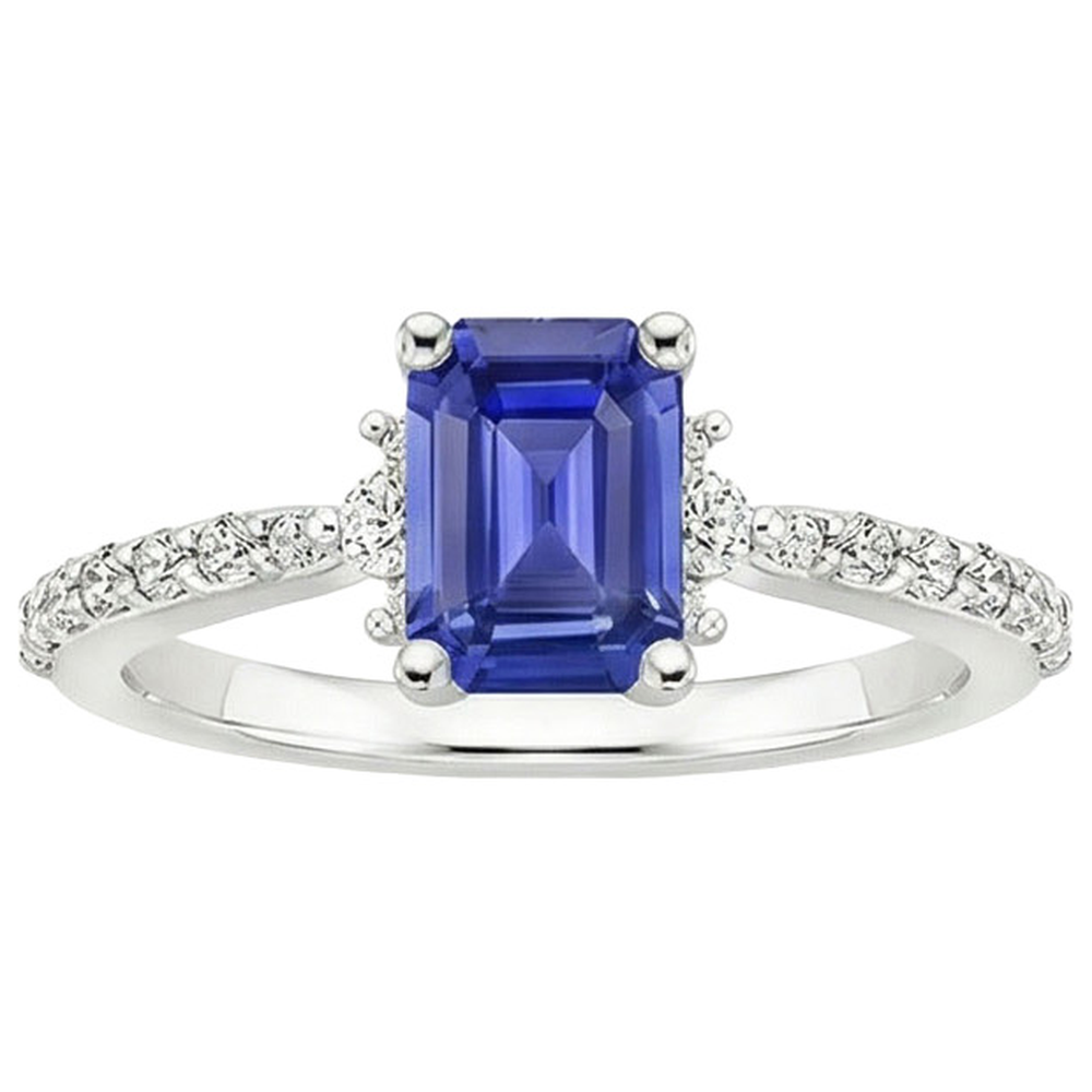 Solitaire Akzente Ring Blauer Saphir & Diamant 4 Karat Smaragdschliff