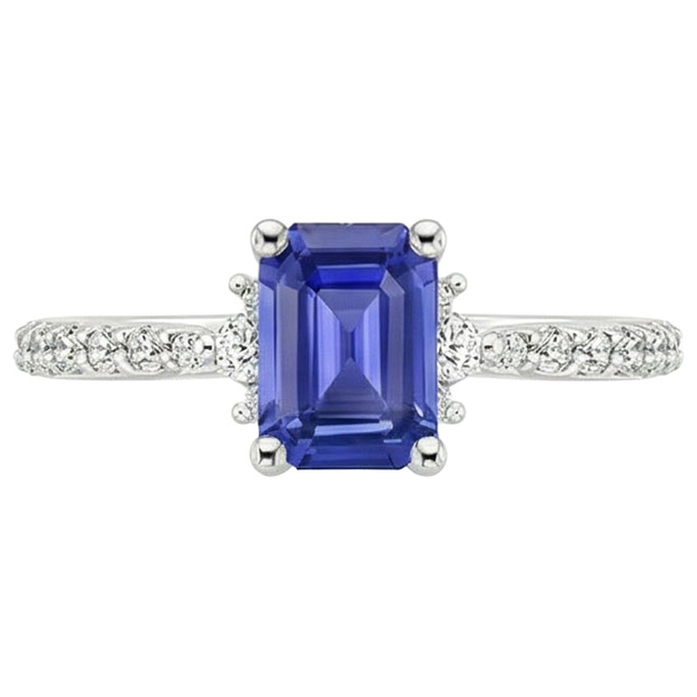 Solitaire Akzente Ring Blauer Saphir & Diamant 4 Karat Smaragdschliff