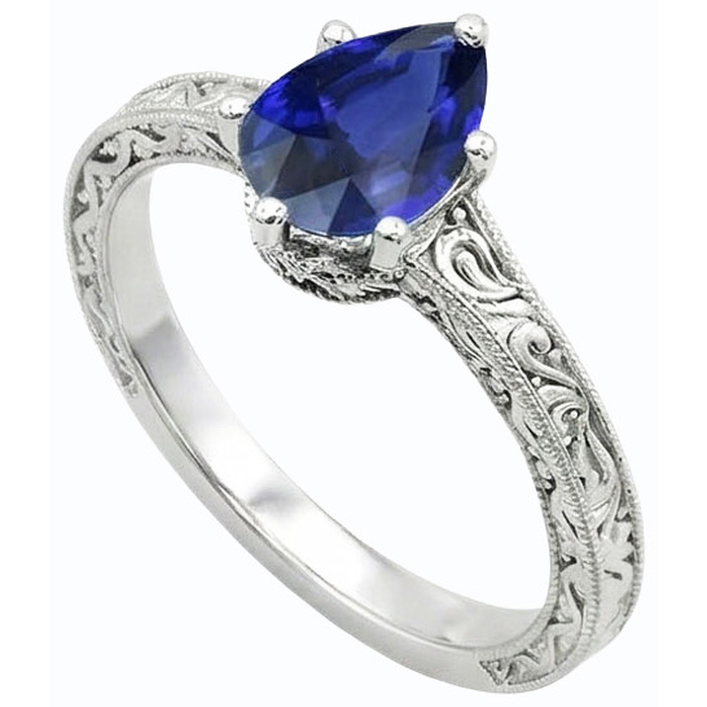Solitaire Birne Blauer Saphir Ring Antik-Stil 2 Karat Gold