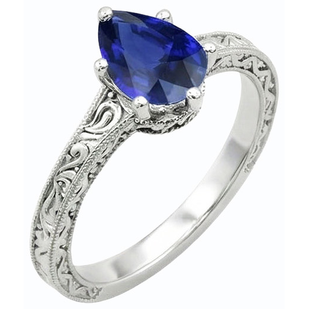 Solitaire Birne Blauer Saphir Ring Antik-Stil 2 Karat Gold