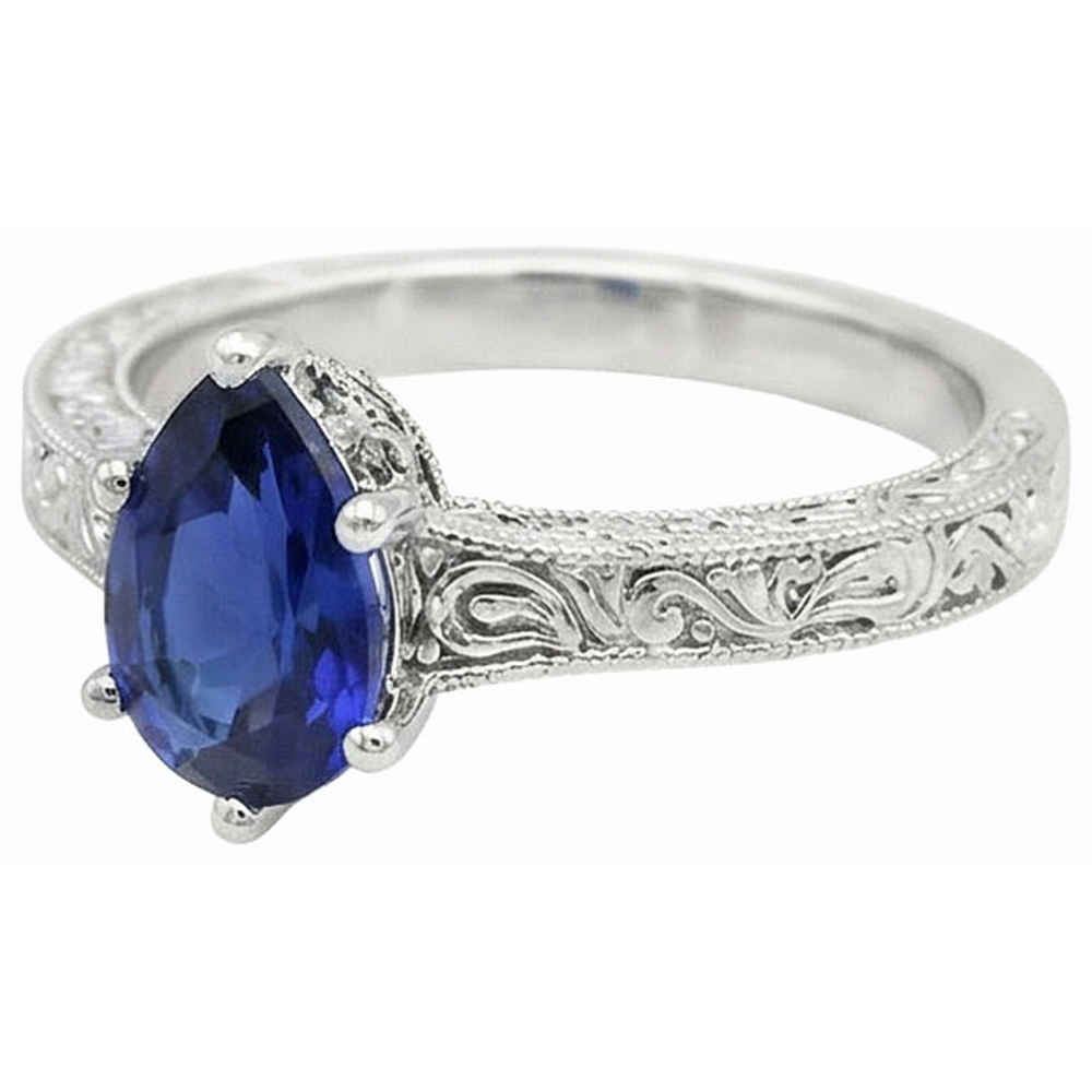 Solitaire Birne Blauer Saphir Ring Antik-Stil 2 Karat Gold