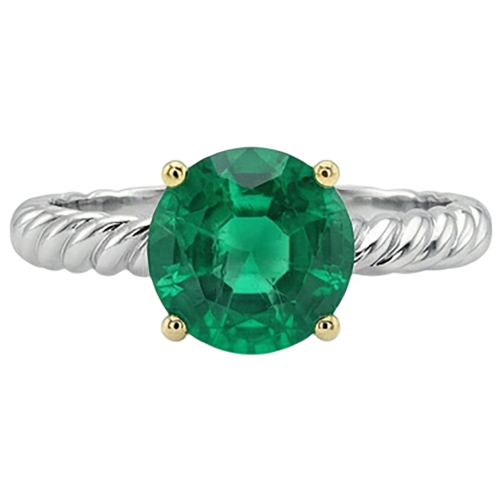 Smaragd Rund-Brillant Edelstein-Ring in 14 Karat Zweifarbig Gold – Frontansicht