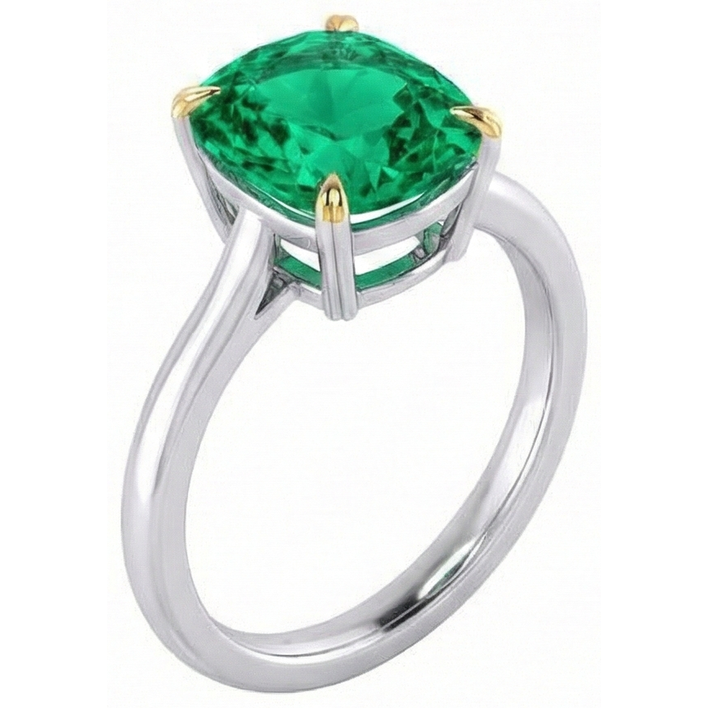 Cushion Kolumbianischer Smaragd Ring in Zweifarbiges 14K Gold – Schrägansicht