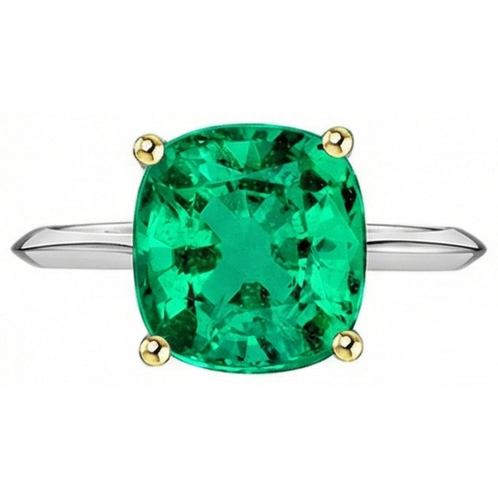 Kissen-Schliff Edler Smaragd Ring in Zweifarbiges 14K Gold – Schrägansicht