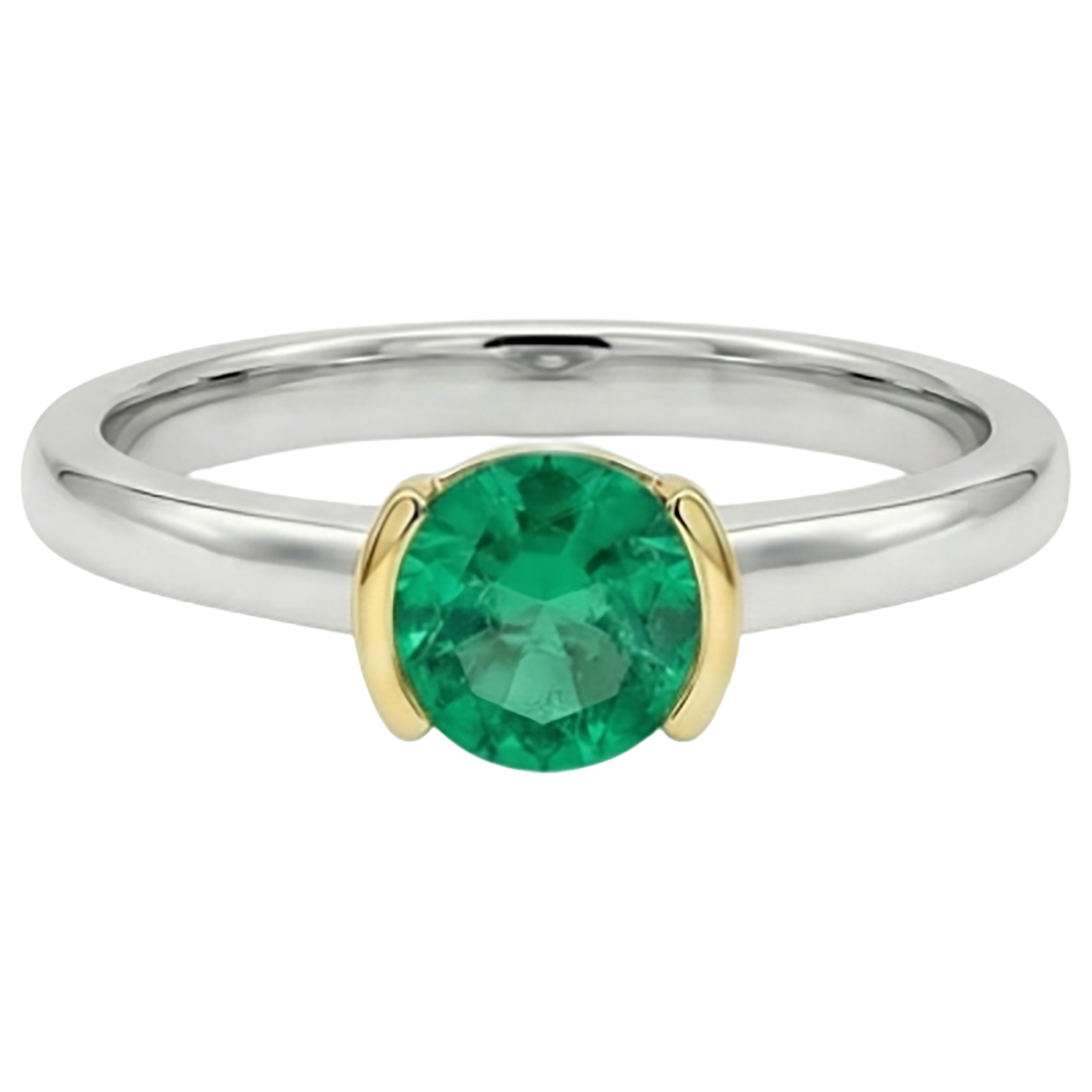 Smaragd Brillantschliff Farbstein-Ring in 14 Karat Zweifarbig Gold – Frontansicht