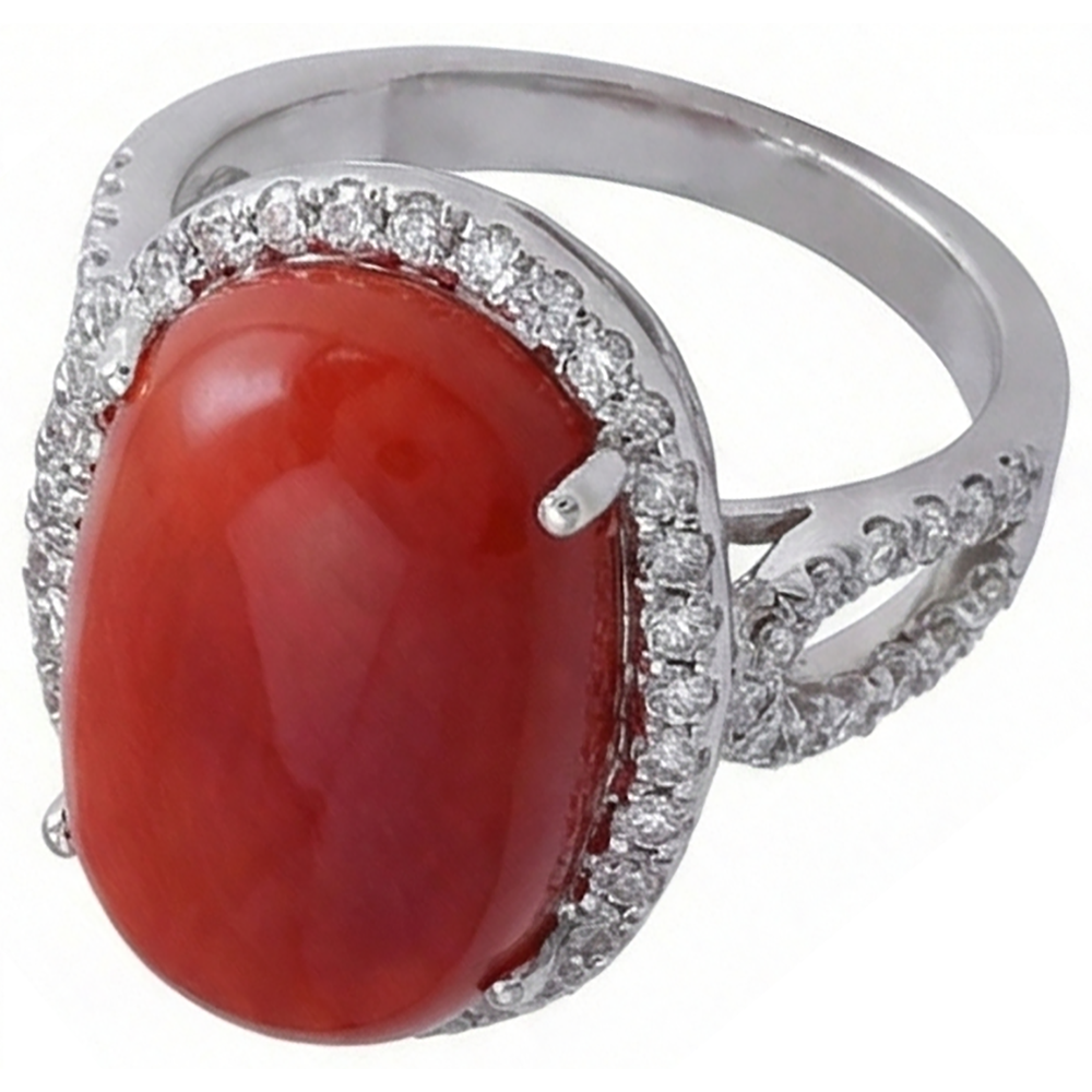 Solitär mit Akzent 13,75 ct Roter Koralle Und Diamanten Ring Neu
