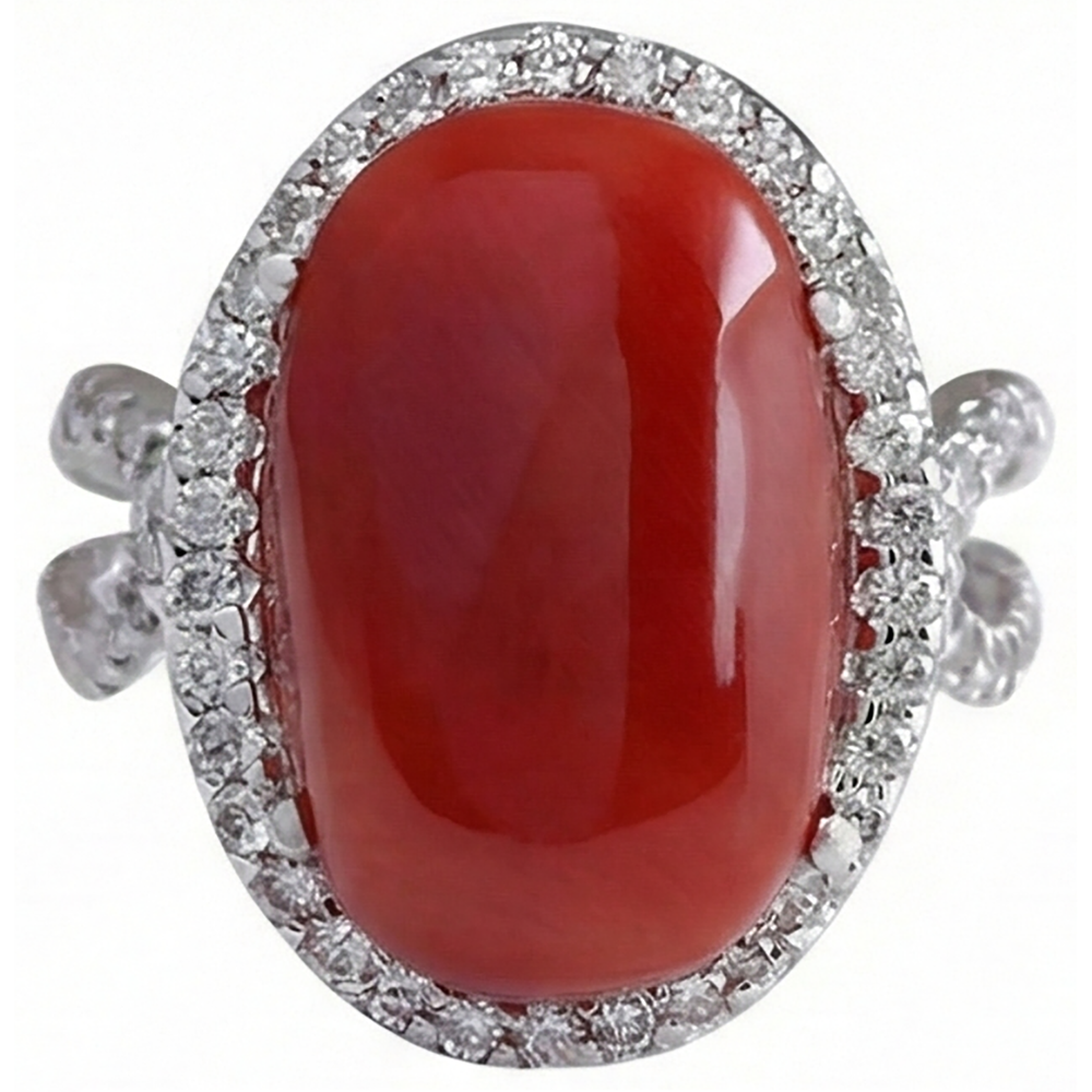 Solitär mit Akzent 13,75 ct Roter Koralle Und Diamanten Ring Neu