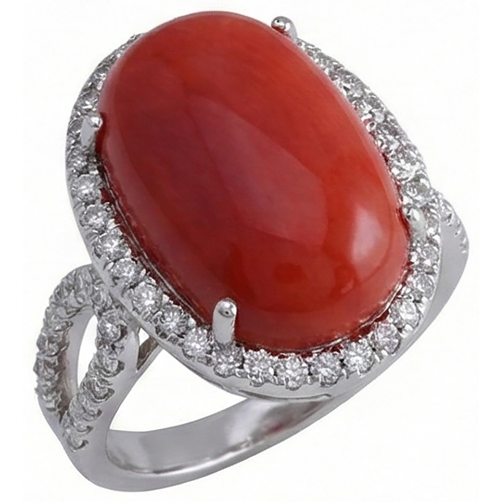 Solitär mit Akzent 13,75 ct Roter Koralle Und Diamanten Ring Neu